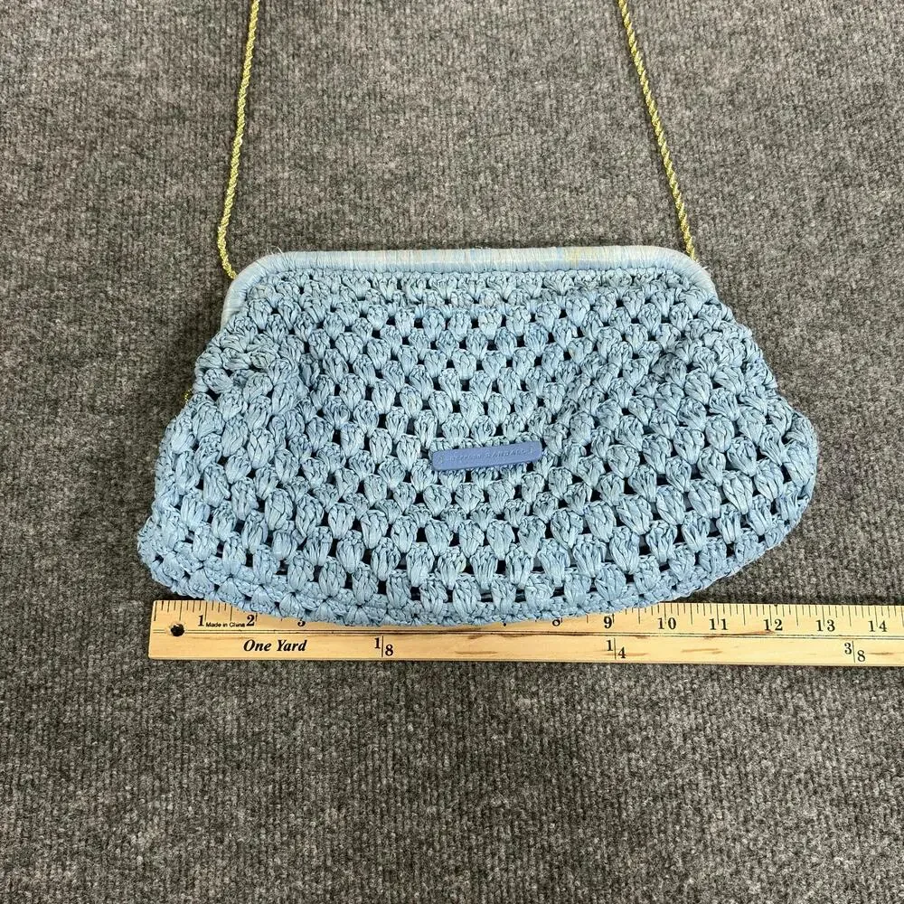 Loeffler Randall Clutch Womens Medium Blue Raffia Trudie Frame Crochet Handbag